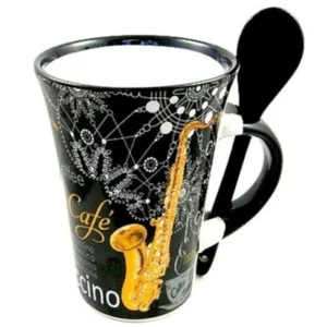 Cappuccino Mug With Spoon - Saxophone (Black)