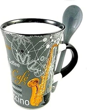 Cappuccino Mug With Spoon - Saxophone (Grey)